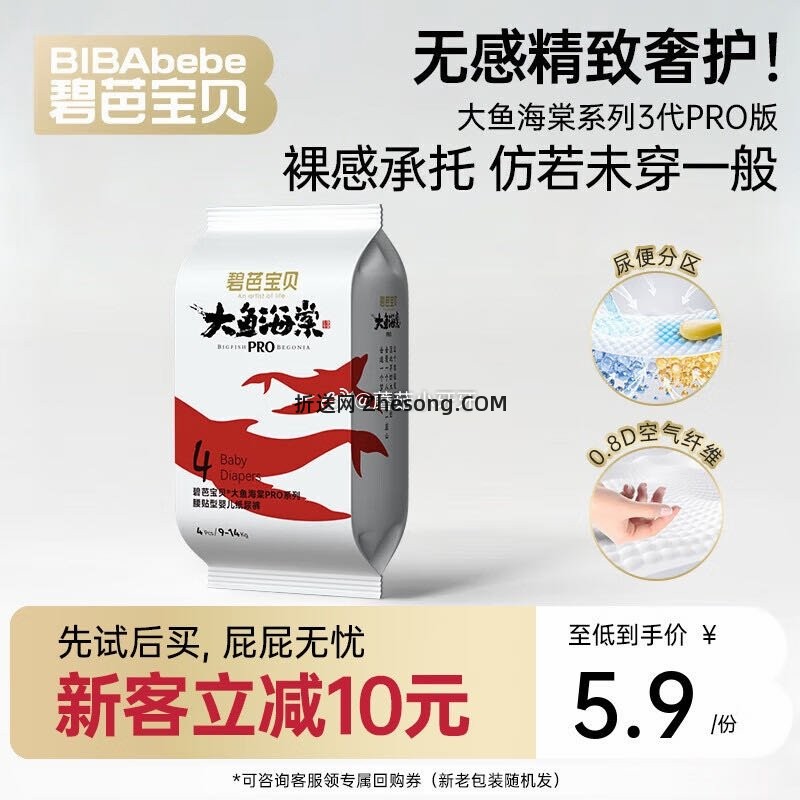 碧芭宝贝 大鱼Pro纸尿裤L码4片 砸5券 叠10首单 0.9 可换小尺码 - 折送网