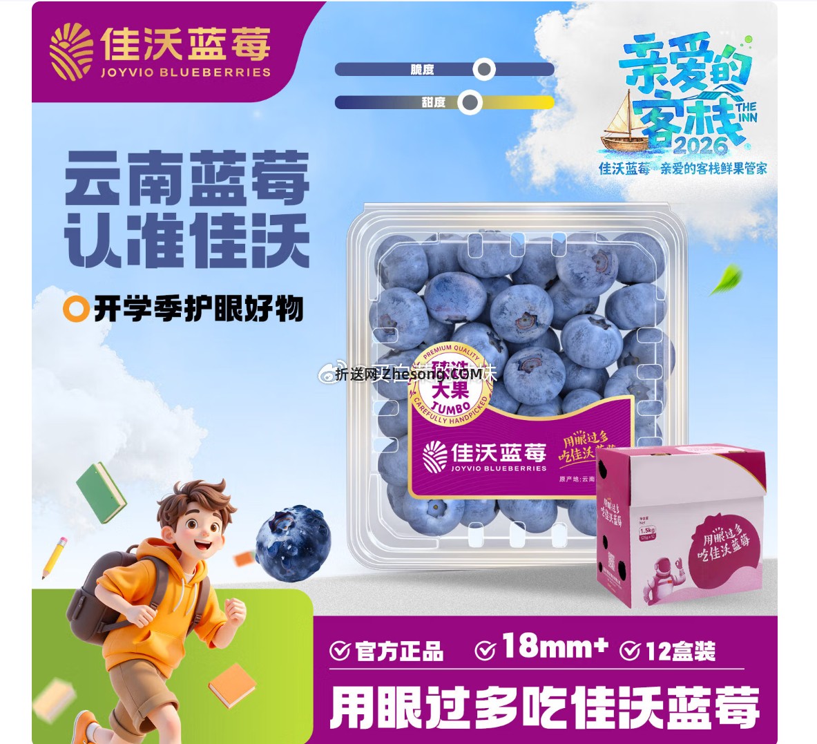 佳沃云南蓝莓18mm+12盒原箱装约125g/盒 79.9元 - 折送网
